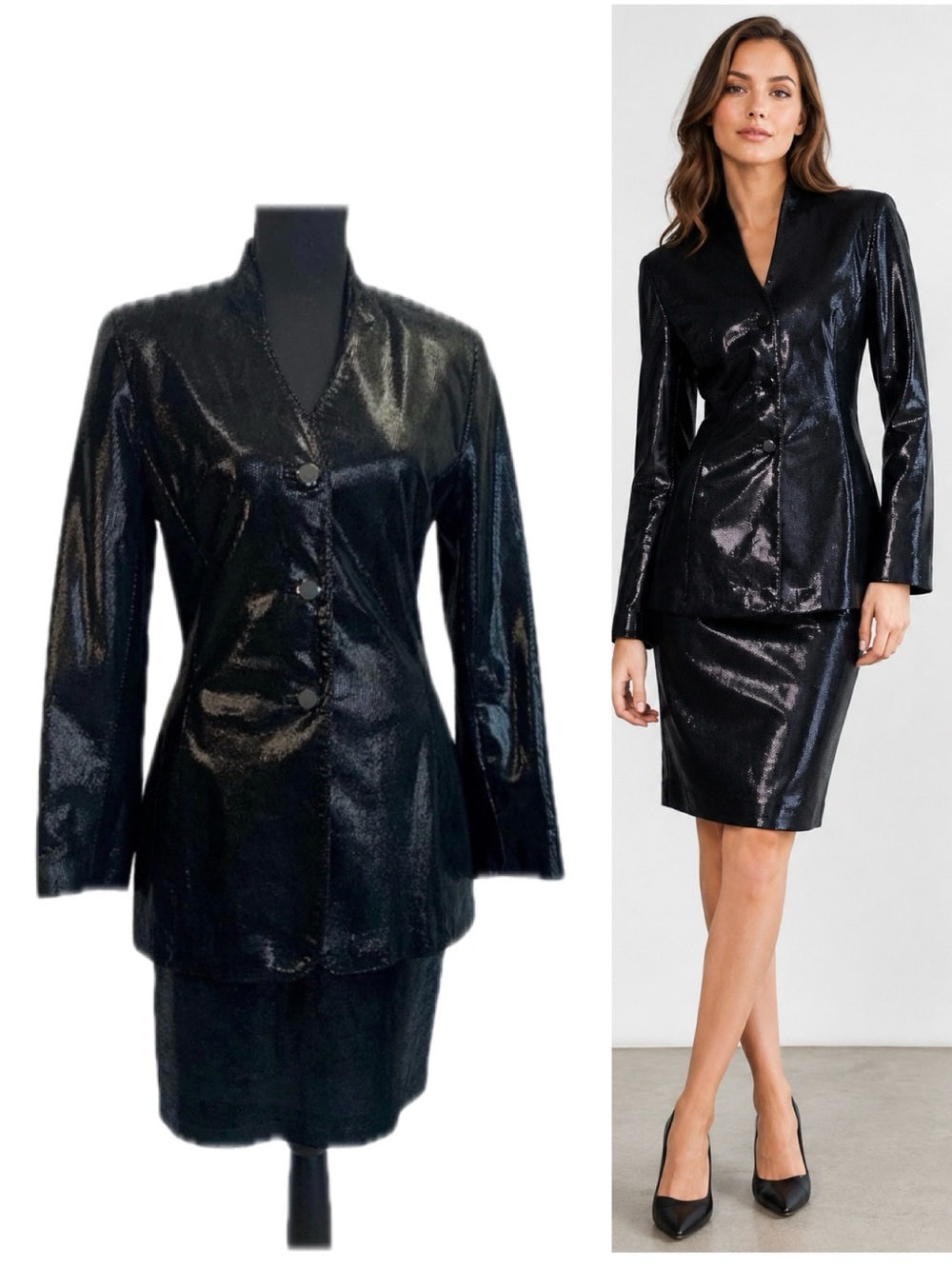 DANIER Leather black sparkly blazer pencil skirt set Sz XS/6